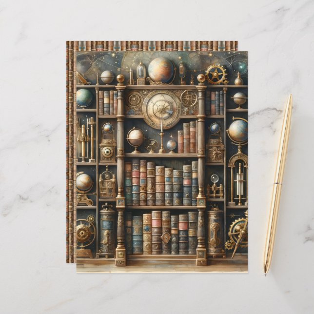 Papel de Livro Celestial da Biblioteca Steampunk (Frente/Verso In Situ)