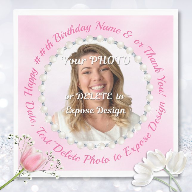 Papel de Napkins rosa. Guardanapos personalizados  (Personalised, Pink Birthday Napkins. Light pink party supplies. Pearl, Napkins with Photo, for Her.)
