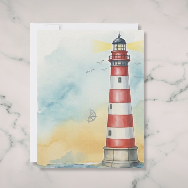 Papel de Papelaria Costeira Aquarela do Farol (Scenic coastal watercolor writing paper.)