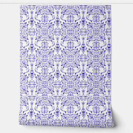 Papel de parede branco e azul-ornamentado do Medit