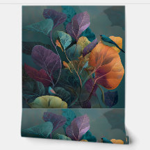 Papel de parede tropical roxo e laranja com planta