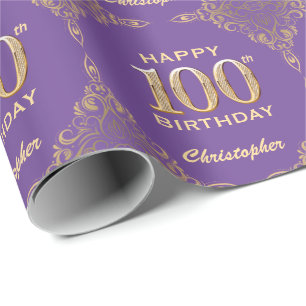 Papel De Presente 100º aniversário da Roxa e da Dourada Glitter Fram