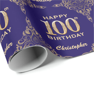 Papel De Presente 100º aniversário Marinho azul e Dourado quadro bri