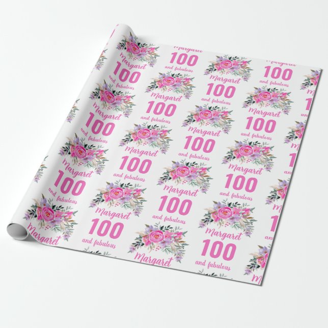 Papel De Presente 100.º aniversário - floral rosa (Desenrolado)