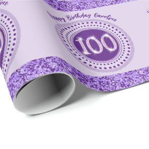 Papel De Presente 100.º Aniversário Glitter Roxo com Stripes