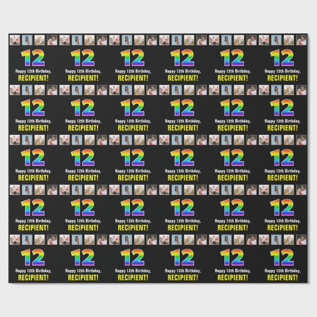 Papel De Presente 12 Aniversário: Arco-Íris "12"; Fotografias e Nome (Aberto)