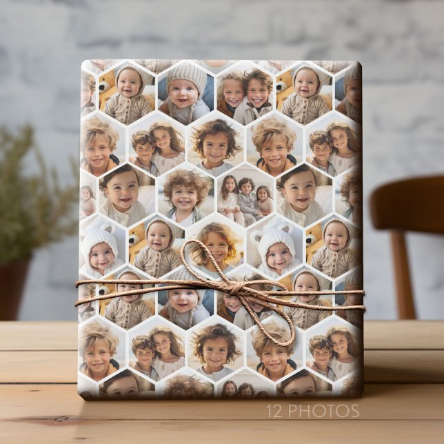 Papel De Presente 12 Colagem de Fotos - padrão funky hexagon honeyco (Custom Photo Collage Wrapping Paper - All Occasion)