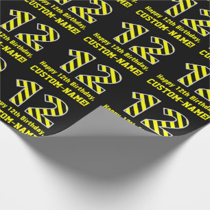 Papel De Presente "12" listrado preto & amarelo; 12o Aniversário +