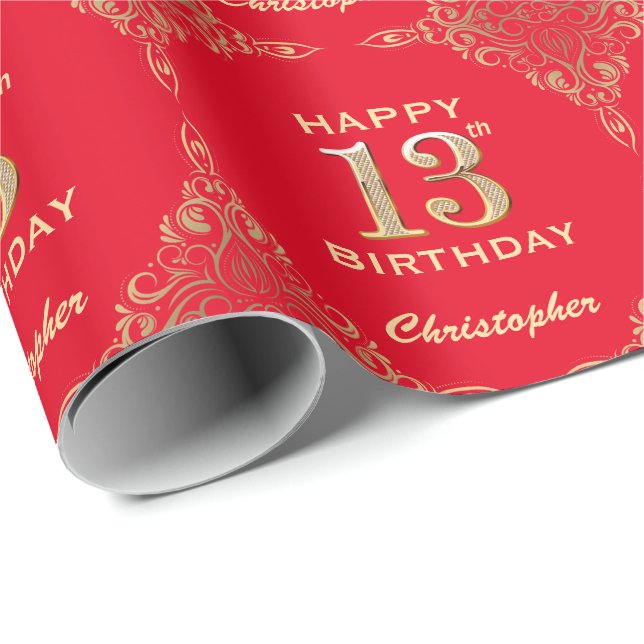 Papel De Presente 13 Birthday Red and Dourado Glitter Frame (Ponta do rolo)