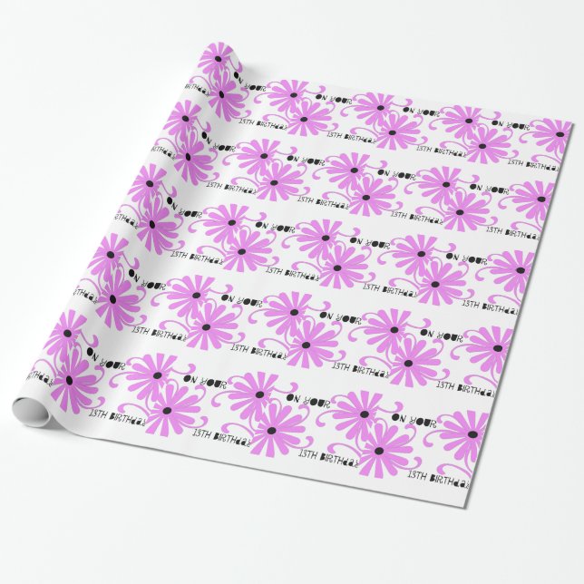 Papel De Presente 13o aniversário, flores cor-de-rosa brilhantes, (Desenrolado)