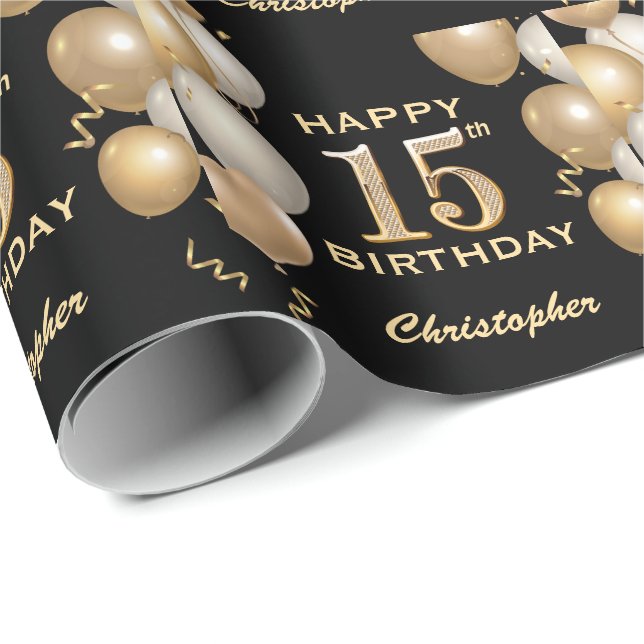 Papel De Presente 15 Birthday Black and Dourado Glitter Balloons (Ponta do rolo)
