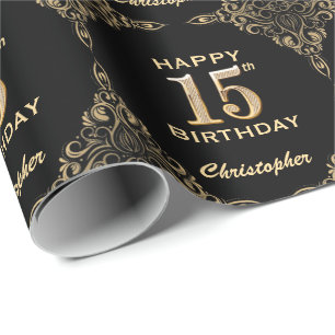 Papel De Presente 15 Birthday Black and Dourado Glitter Frame