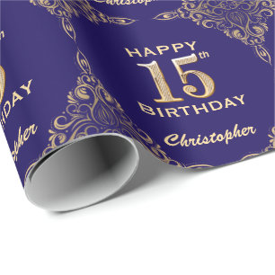 Papel De Presente 15 Birthday Marinho Azul e Dourado Quadro Glitter