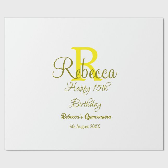 Papel De Presente 15 Feliz Aniversário Amarelo Apelido Monograma Mod (Aberto)