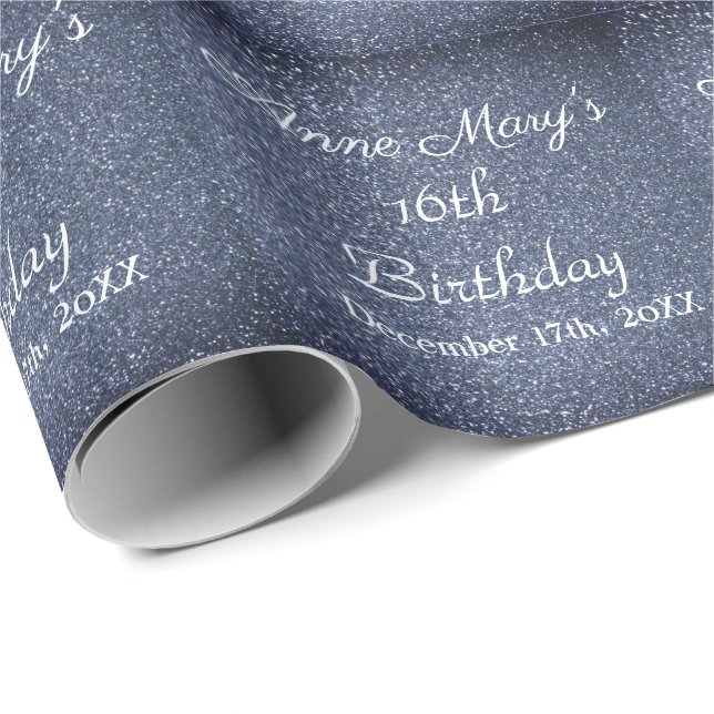 Papel De Presente 16º Aniversário Glittery Sparkle Custom Dusty Blue (Ponta do rolo)