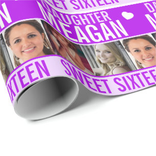 Papel De Presente 16.º aniversário 3 fotos filha roxa