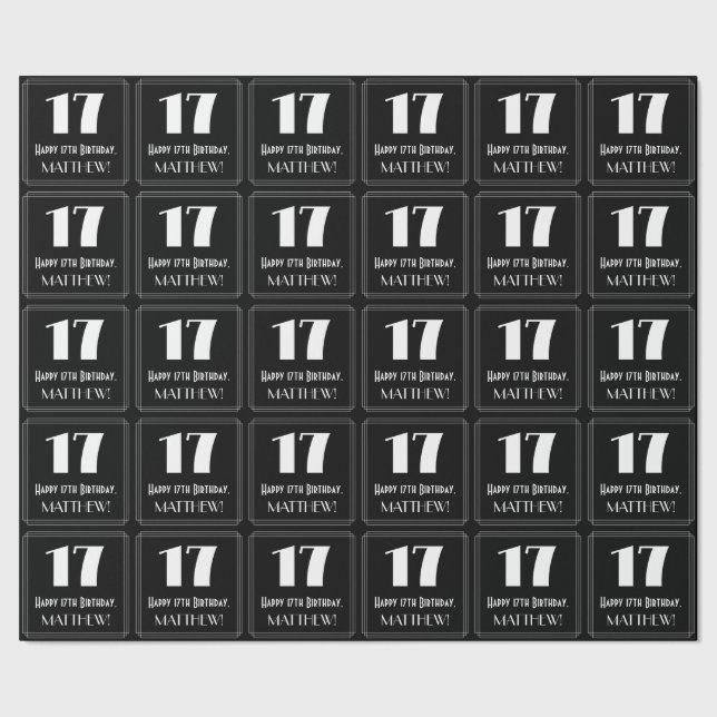 Papel De Presente 17.º aniversário - Art Deco Inspirou "17", Nome (Barra)