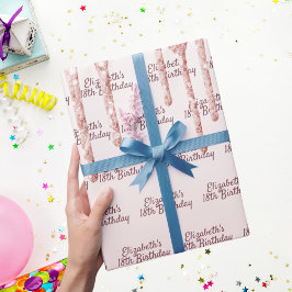 Papel De Presente 18º Aniversário pingado de rosa dourado