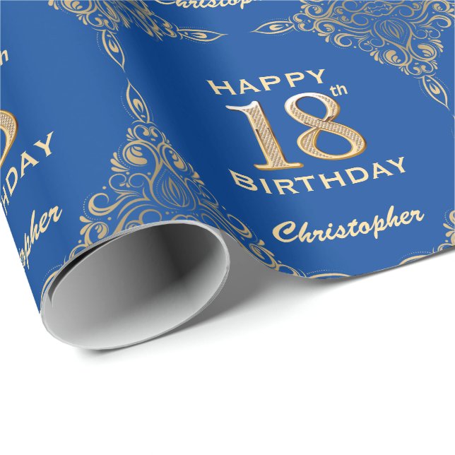 Papel De Presente 18º aniversário - Quadro Azul e Dourado (Ponta do rolo)