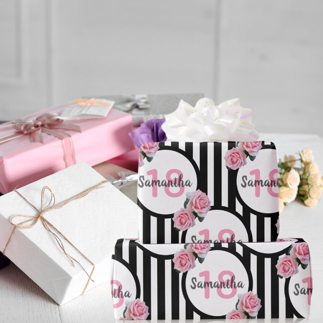 Papel De Presente 18.º aniversário - rosas rosa-chic - listras branc (Criador carregado)