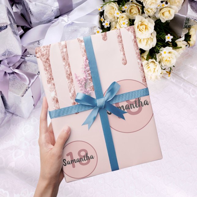 Papel De Presente 18 anos, pingos de rosa dourado com pincelete (Criador carregado)