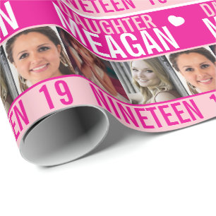 Papel De Presente 19º aniversário, três fotos, embrulho rosa, filha