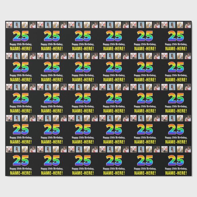 Papel De Presente 25 Aniversário: Arco-Íris "25"; Fotografias e Nome (Barra)