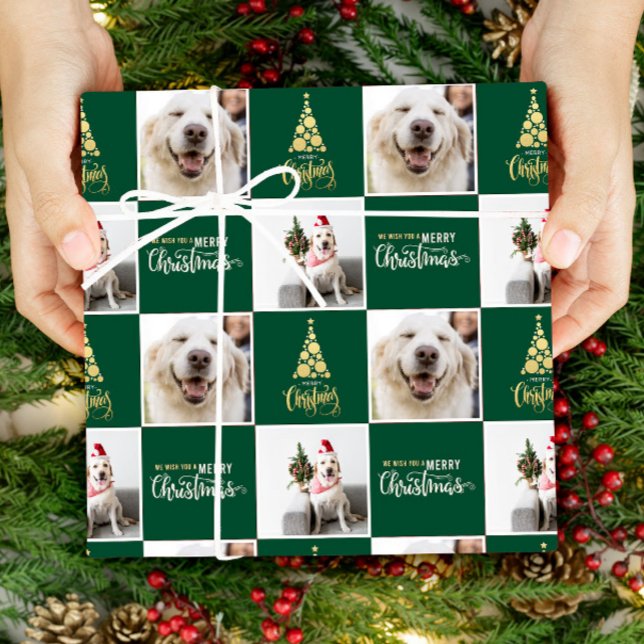 Papel De Presente 2 Foto Elegante Feliz Natal Dourado Verde (Criador carregado)