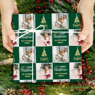 Papel De Presente 2 Foto Elegante Ouro Verde Feliz Natal