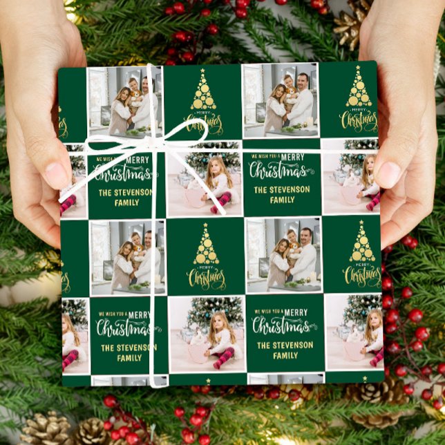 Papel De Presente 2 Foto Elegante Ouro Verde Feliz Natal (Criador carregado)