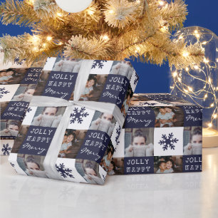 Papel De Presente 2 Fotos Personalizadas Floco de Neve Natal Alegre 