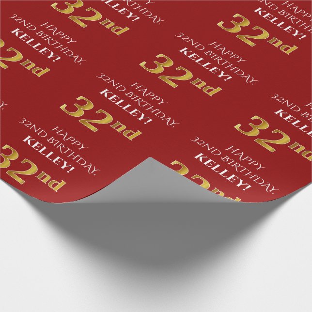 Papel De Presente 32º Aniversário: Elegante, Vermelho, Faux Dourado  (Ponta)