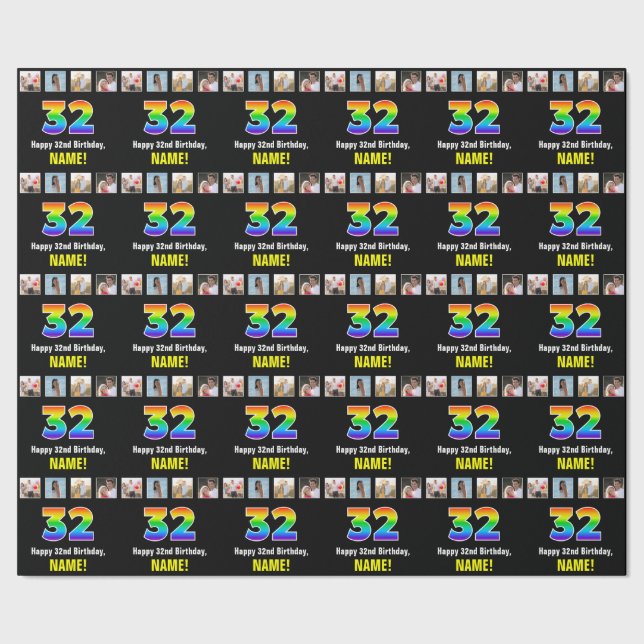 Papel De Presente 32º Aniversário: Rainbow "32"; Personalizar Fotos  (Barra)