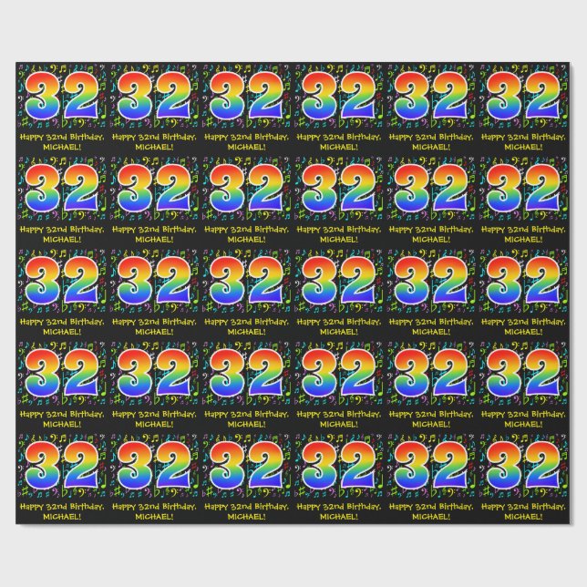 Papel De Presente 32º Aniversário: Símbolos Musicais Coloridos, Rain (Aberto)