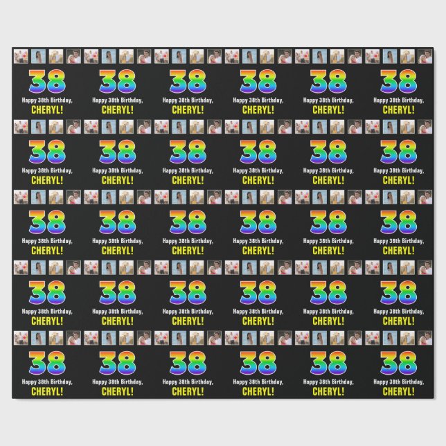 Papel De Presente 38.º aniversário: Rainbow "38"; Fotos e nome perso (Barra)