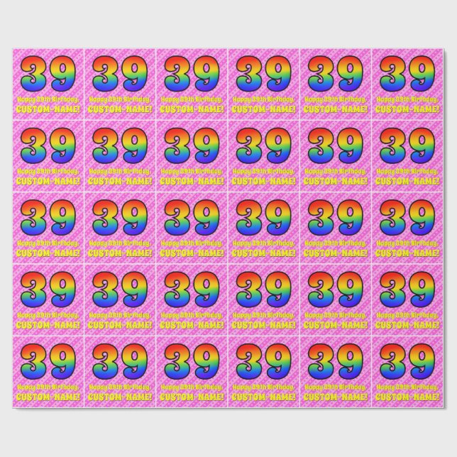 Papel De Presente 39.º aniversário: Stripes e corações cor-de-rosa,  (Aberto)