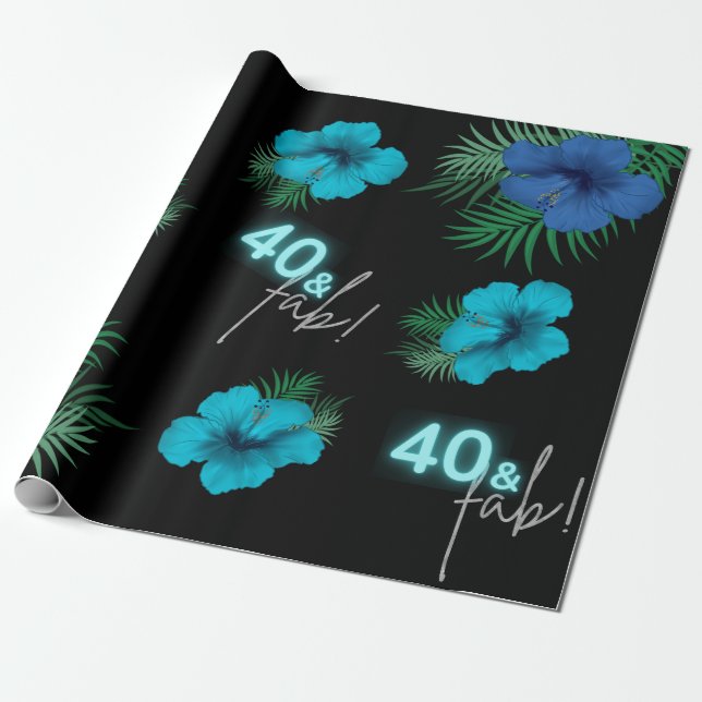 Papel De Presente 40 & Fab! Neon Blue Silver Black Tropical Birday (Desenrolado)