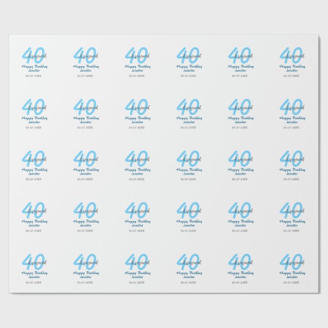 Papel De Presente 40th & renewed birthday name date blue bold number (Aberto)