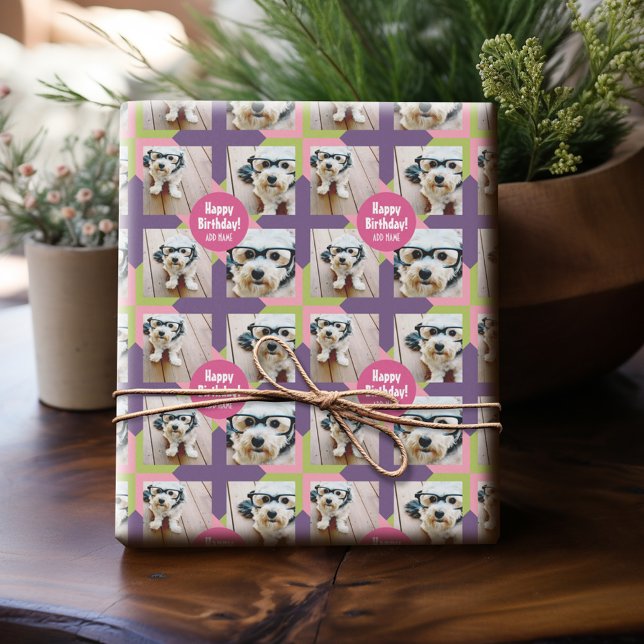 Papel De Presente 4 Colagem de Fotos com Nome de Aniversário Feliz P (Personalized Birthday Photo Wrapping Paper)
