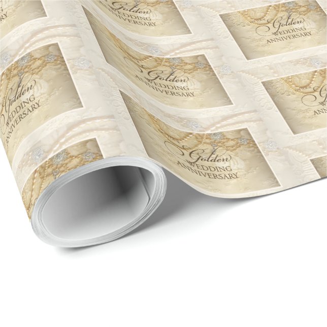 Papel De Presente 50º Aniversário de Casamento Pérolas e rendas (Ponta do rolo)