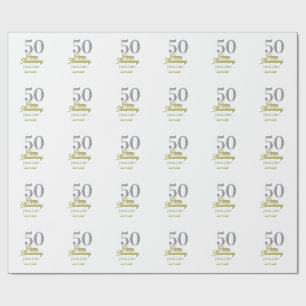 Papel De Presente 50º feliz aniversário nome data prata ouro data