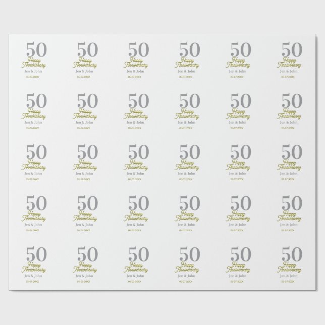 Papel De Presente 50º feliz aniversário nome data prata ouro data (Aberto)
