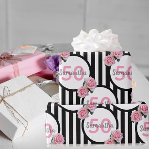 Papel De Presente 50.º aniversário rosas rosa-chic, listras brancas 
