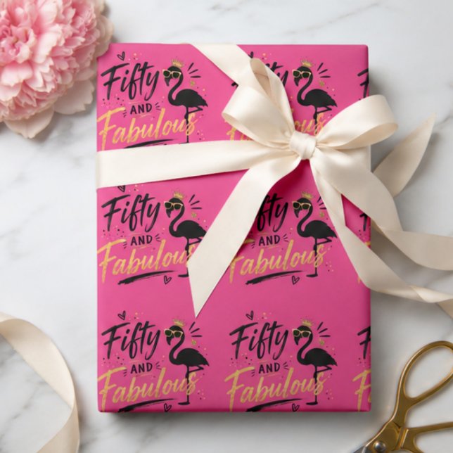 Papel De Presente 50 and fabulous pink flamingo 50th birthday (Criador carregado)