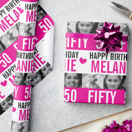 Papel De Presente 50 fotos de aniversário, faixa branca rosa e preta