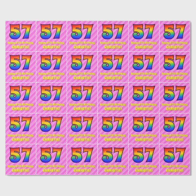 Papel De Presente 57.o aniversário: Stripes e corações cor-de-rosa,  (Aberto)