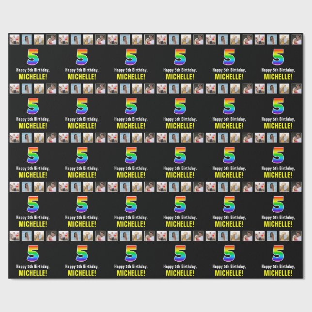 Papel De Presente 5 Aniversário: Arco-Íris "5"; Fotografias e Nome P (Aberto)