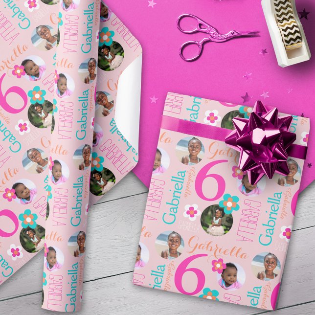 Papel De Presente 6º aniversário flor costume nome fotos idade crian (Criador carregado)