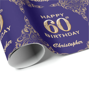 Papel De Presente 60º aniversário Marinho Azul e Dourado quadro de b