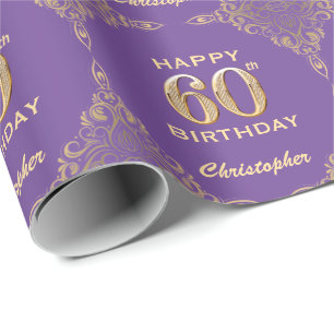 Papel De Presente 60º aniversário, Roxo e Dourado quadro de brilho